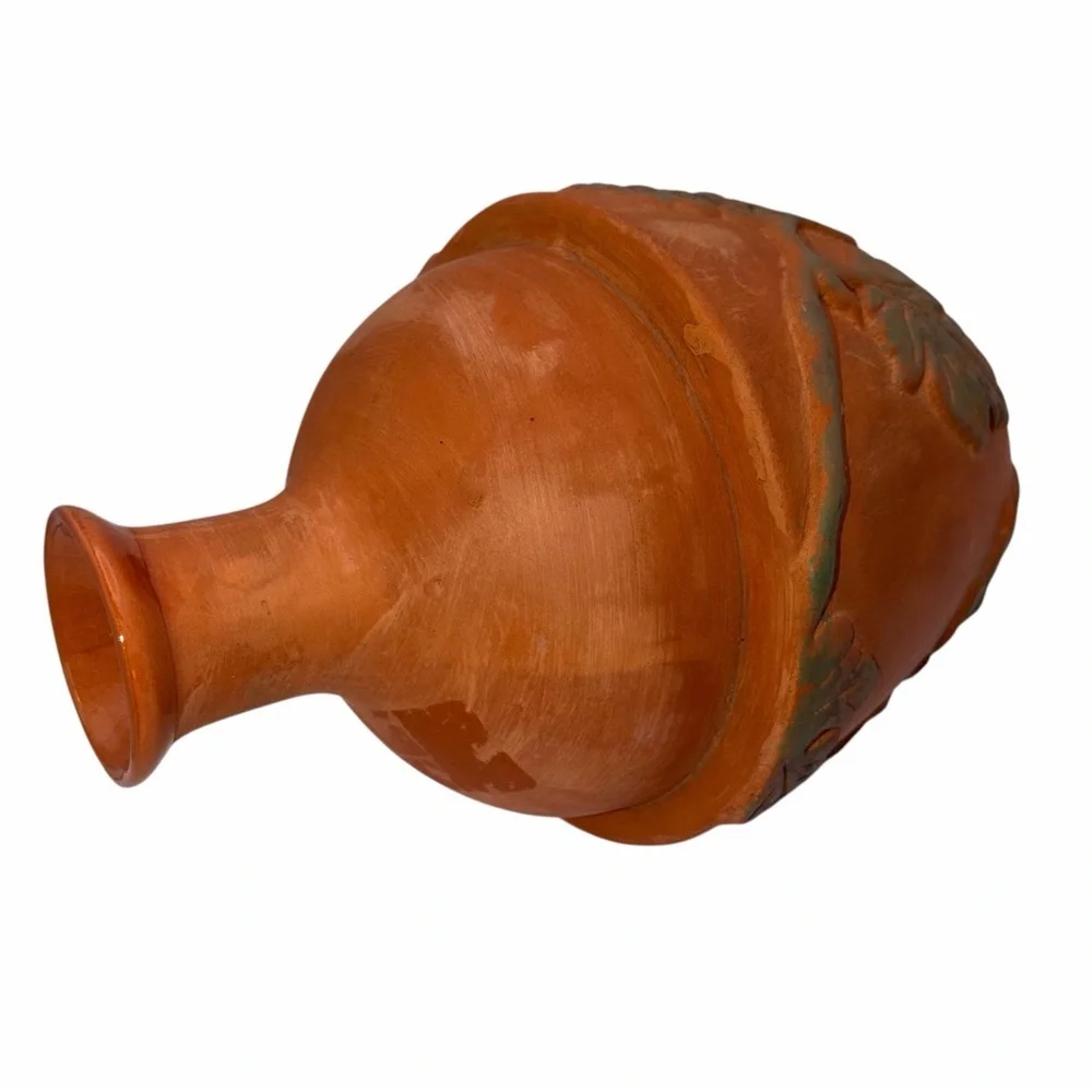 VTG Terracotta Vessel Raised Leaf Fruit Motif Vase With Brass Stand